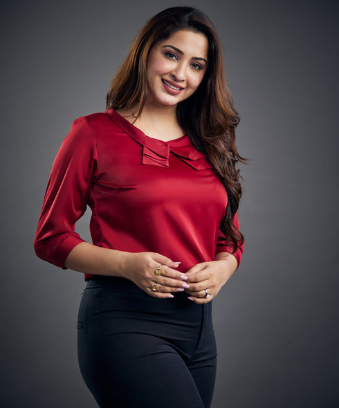 Neck Frilled Half Sleeve Chiffon Top